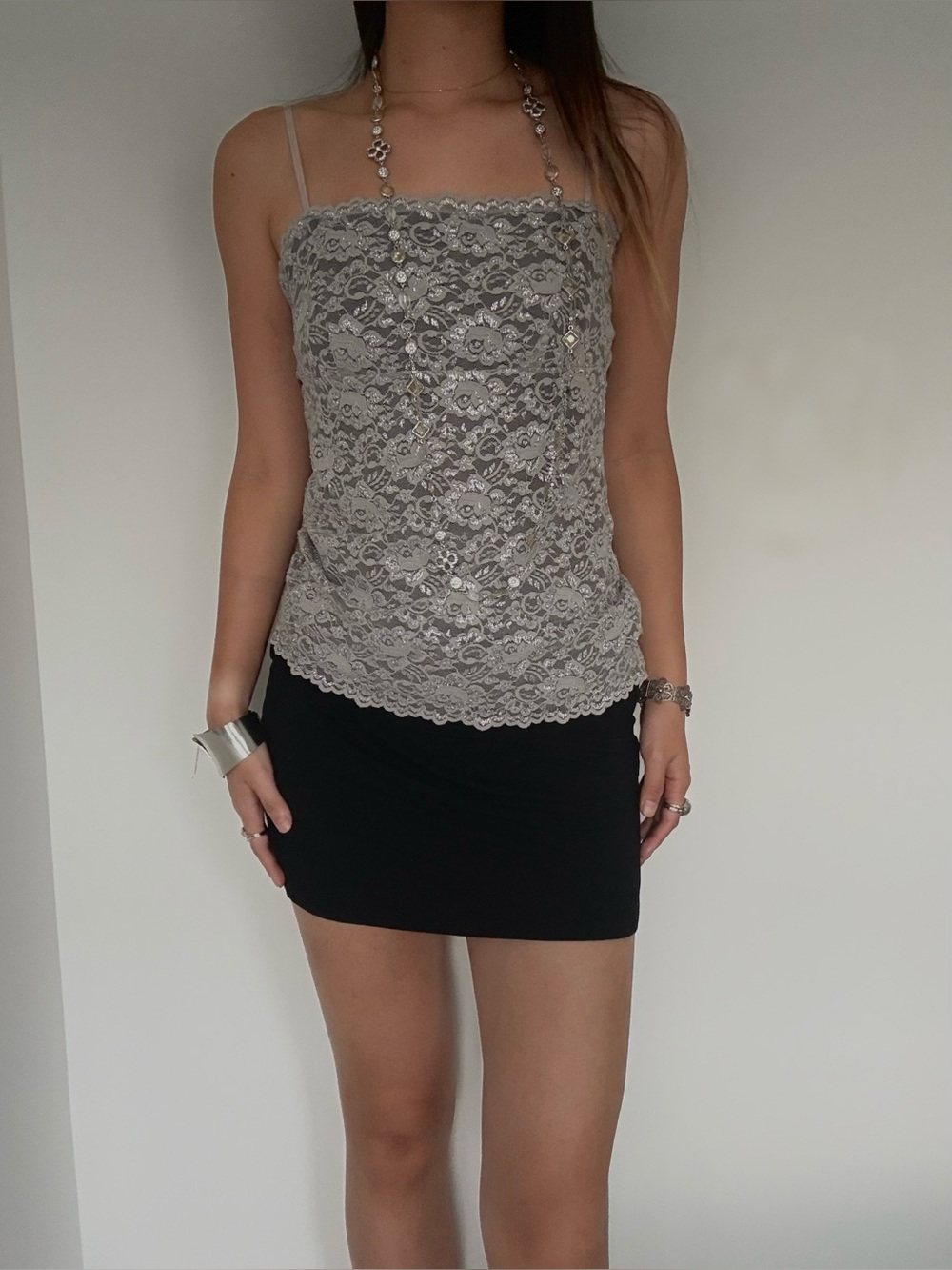 New York & Company intimates Silver lace Y2K lace top